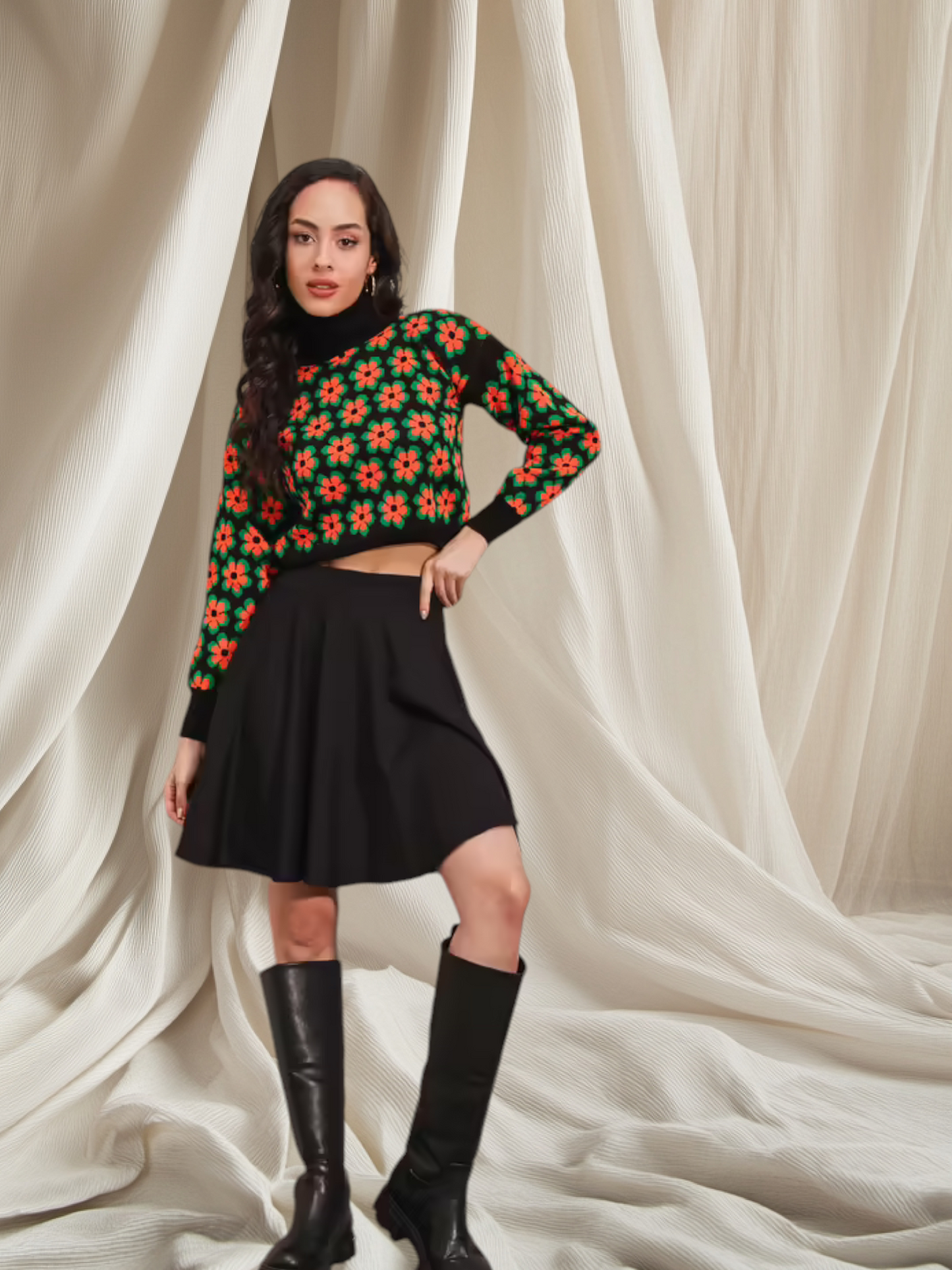 Turtleneck Pullover Crop Top Floral