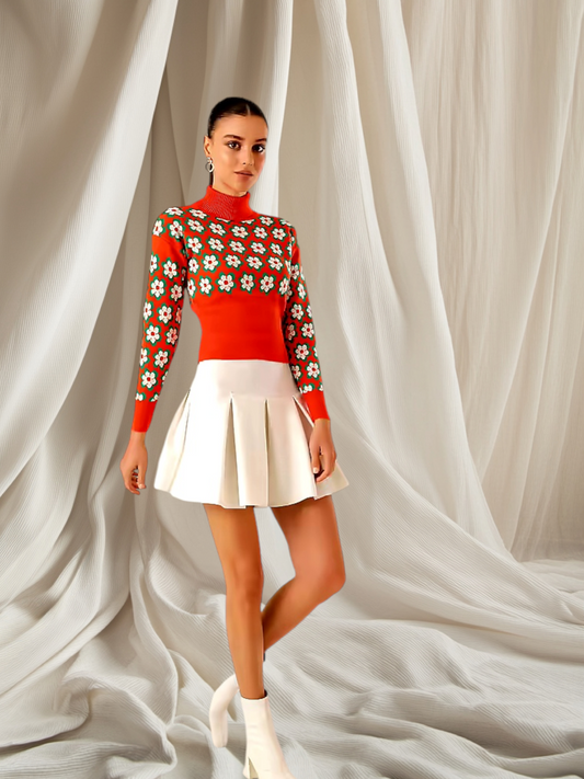 Turtleneck Pullover Crop Top Floral Orange