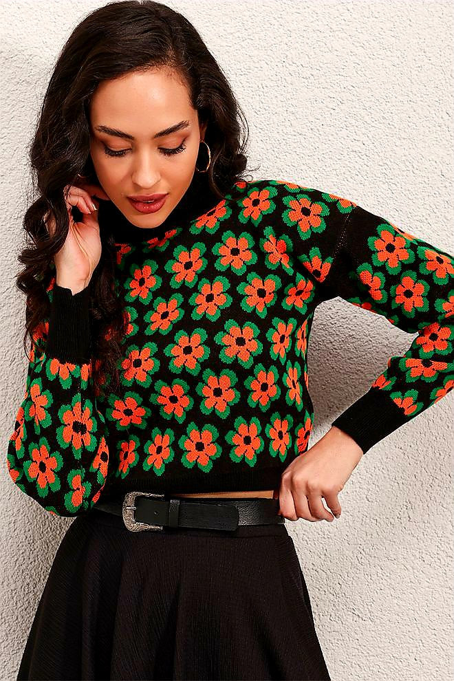 Turtleneck Pullover Crop Top Floral